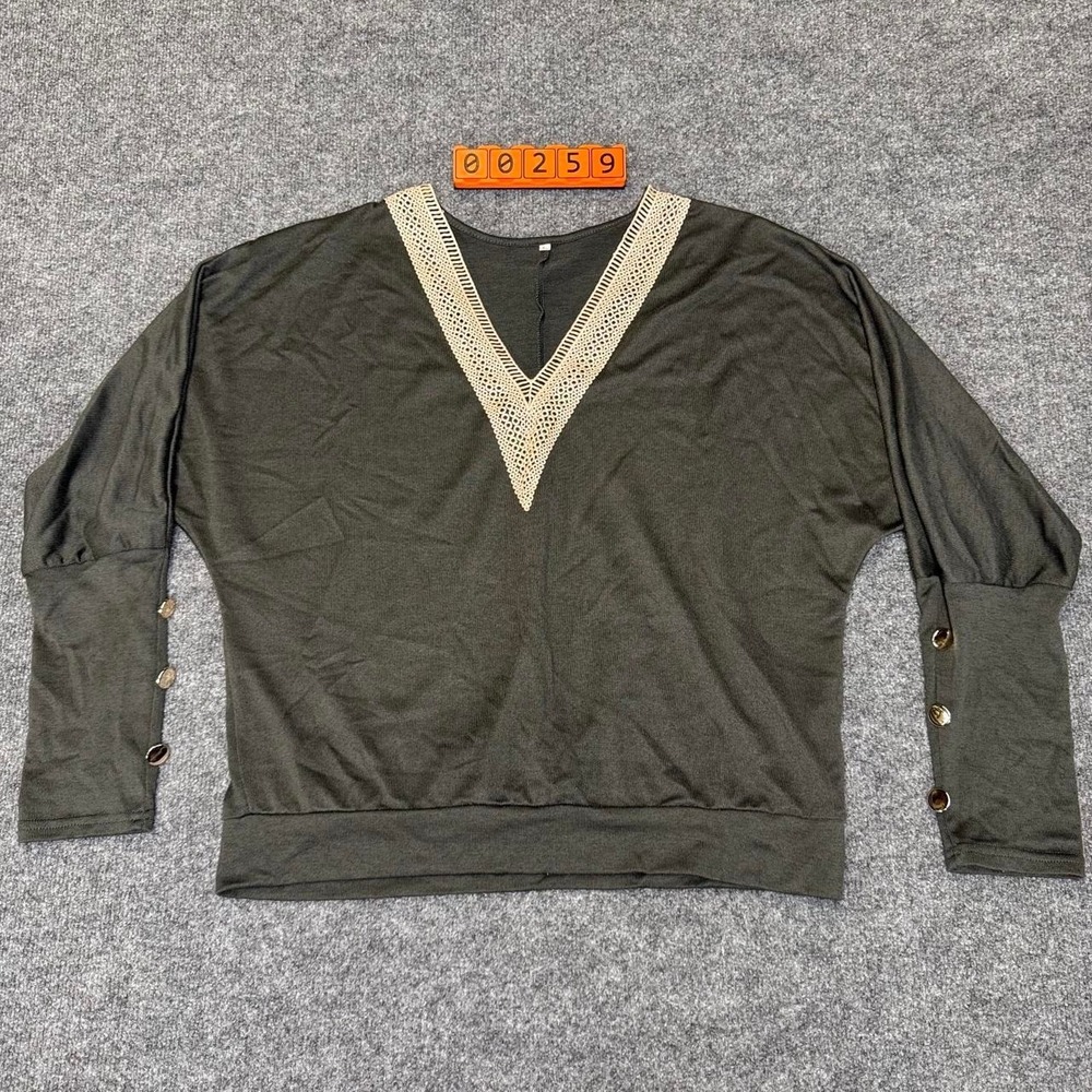 Gray/olive green long sleeve blouse with beige lace trim at the neckline, Large